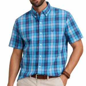 Chaps Island Blue Plaid Short Sleeve Button-Down Shirt | Size Large